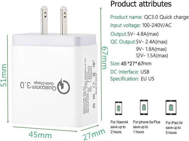 Alt view image 4 of 7 - Quick Charge 3.0, Lightning Cable, Fast Wall Charger 3 Ports Tablet iPad Phone Charger Adapter Qualcomm Quick Charger 3.0 Travel Plug For iPhone X/8/8+/7p Samsung S9/S8/S7/Edge/Note Wireless Charger