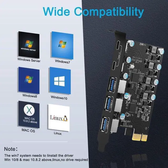 Alt view image 3 of 7 - Superspeed 5-Ports PCI-E to USB 3.0 Expansion Card - (2X USB C - 3X USB A) - PCI Express(PCIe) Expansion Card USB Card for Desktop PC Support Win XP Win7 Win 8 Win 10 Win 11 Linux