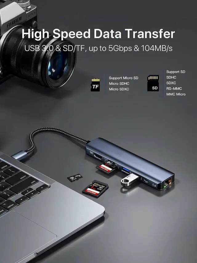 Alt view image 3 of 7 - USB-C to Ethernet Adapter, 7-in-1 Portable Data Hub USB Splitter USB 3.0 Expander with 4K HDMI, 2*USB3.0, 1Gbps LAN, SD/TF Card Readers, 100W PD Support Windows, Mac OS, Surface Pro
