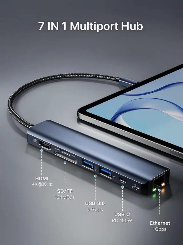 Alt view image 4 of 7 - USB-C to Ethernet Adapter, 7-in-1 Portable Data Hub USB Splitter USB 3.0 Expander with 4K HDMI, 2*USB3.0, 1Gbps LAN, SD/TF Card Readers, 100W PD Support Windows, Mac OS, Surface Pro