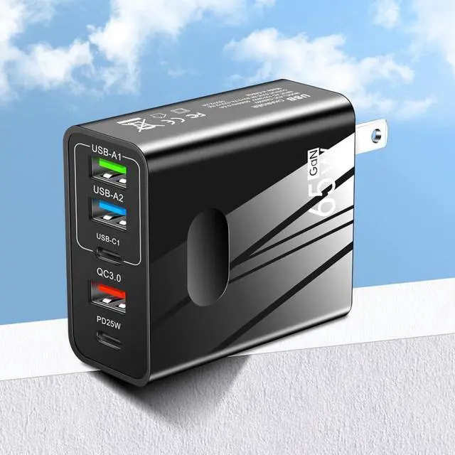 Main image of 5 Port USB Type C Charger, 65W Fast Wall Charger, PD 3.0 Type C Charging Block Travel GaN Charger Adapter for iPhone Pro, Samsung, MacBook Pro/Air, iPad, Laptops, Dell XPS 13 - Black