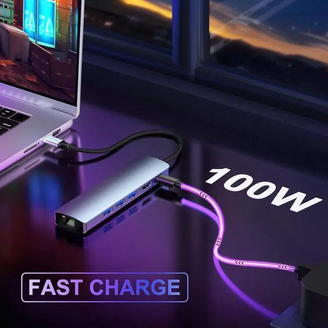 Alt view image 2 of 7 - USB-C to Ethernet Adapter, 6-in-1 Portable Data Hub USB Splitter USB 3.0 Expander with 4K HDMI, 3*USB3.0, 1Gbps LAN, 100W PD Support Windows, Mac OS, Surface Pro