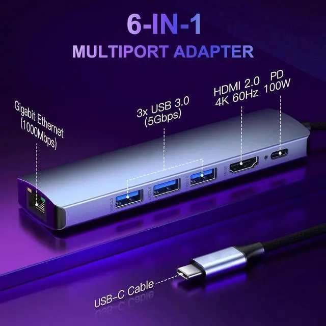 Alt view image 6 of 7 - USB-C to Ethernet Adapter, 6-in-1 Portable Data Hub USB Splitter USB 3.0 Expander with 4K HDMI, 3*USB3.0, 1Gbps LAN, 100W PD Support Windows, Mac OS, Surface Pro