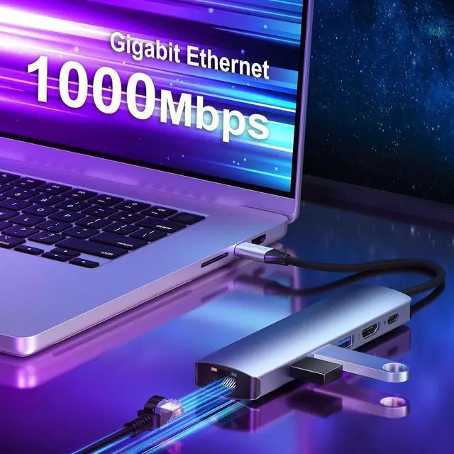 Alt view image 4 of 7 - USB-C to Ethernet Adapter, 6-in-1 Portable Data Hub USB Splitter USB 3.0 Expander with 4K HDMI, 3*USB3.0, 1Gbps LAN, 100W PD Support Windows, Mac OS, Surface Pro
