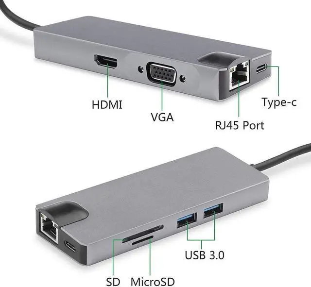Alt view image 7 of 7 - USB C Hub Type C Adapter 8 in 1 with Ethernet RJ45, 4K HDMI, 1080P VGA, 2 USB 3.0, Micro SD/TF for MacBook Pro 2019/2018, iMac 2017, Huawei MateBook, Chromebook Pixel and USB C Devices