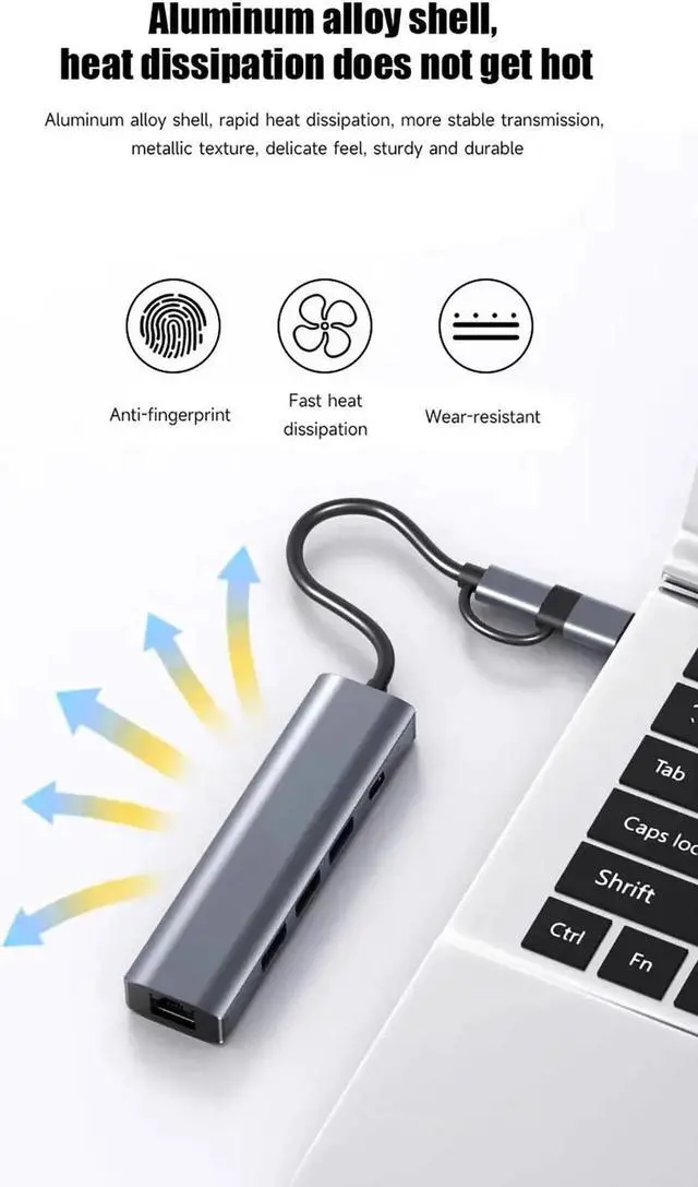 Alt view image 5 of 7 - USB Hub with RJ45 1Gbps Ethernet Port Slim Multiple Ports 5-in-1 USB Splitter for MacBook Air 2017 iMac Acer HP Surface Dell Lenovo Chromebook Windows macOS Linux Laptop