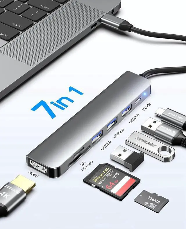 Main image of 7 in 1 USB C to HDMI Adapter 4K@30Hz with 100W PD Charging, USB 3.0, 2 USB-A, SD/TF Card Reader Compatible with Mac M1, M2, M3, iPad, iPhone 15 Pro/Pro Max, More Type C Devices