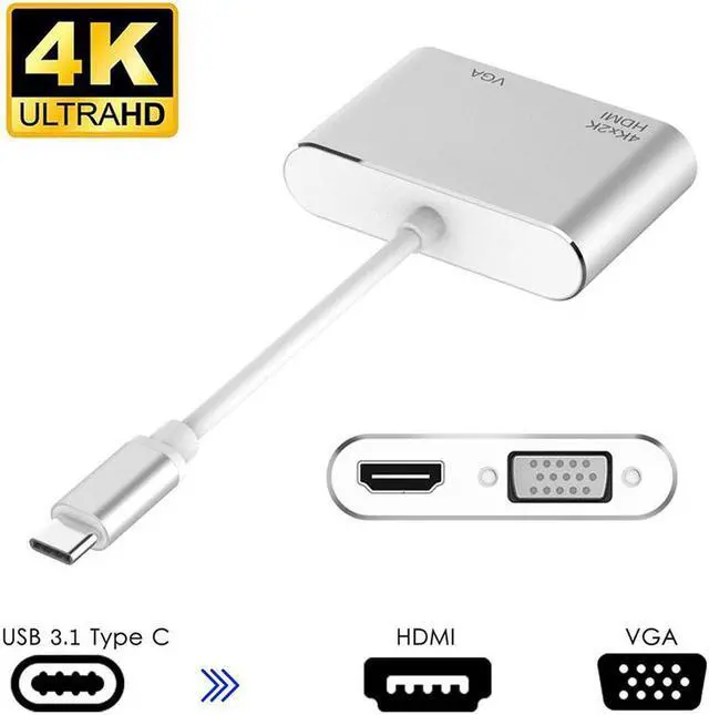 Main image of USB C to HDMI/VGA Adapter, 2 in 1 USB 3.1 Type C to VGA/HDMI Adapter 4K UHD, Support HDMI VGA Simultaneously, Male to Female Multi-Display Video Converter - No Need Driver ,Silver