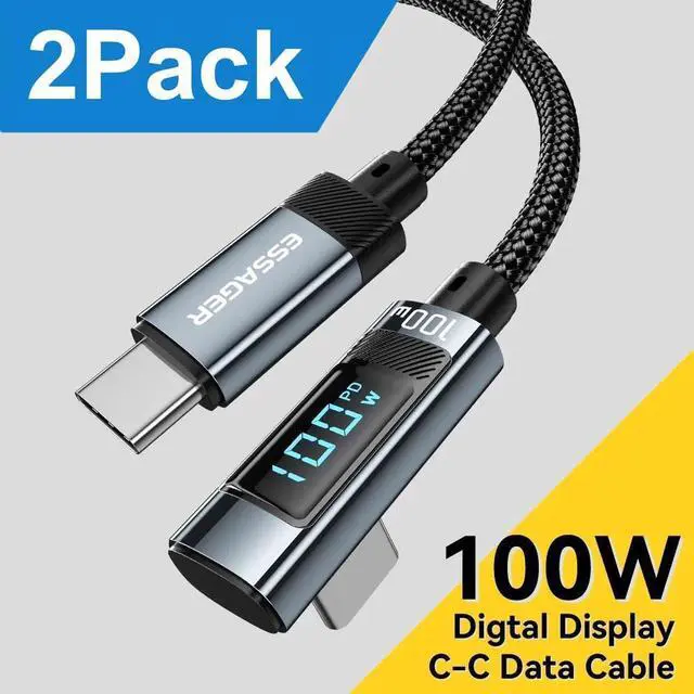 Main image of 100W 90 Degree USB C to USB C Cable with LED Display, 2-Pack 3.3FT Zinc Alloy Braided Type-C Cable for lPad Mini/Air/Pro, MacBook Pro, Samsung S23/S22/S10, Pixel, LG