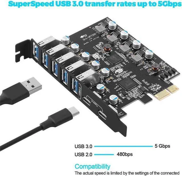 Alt view image 7 of 7 - 7 Ports PCI-E to USB 3.0 Expansion Card, 5Gbps High Speed USB3.0 PCI-EX1 X4 X8 X16 Adapter, Internal USB3.0 Hub Converter for Desktop PC, (2X USB C - 5X USB A)