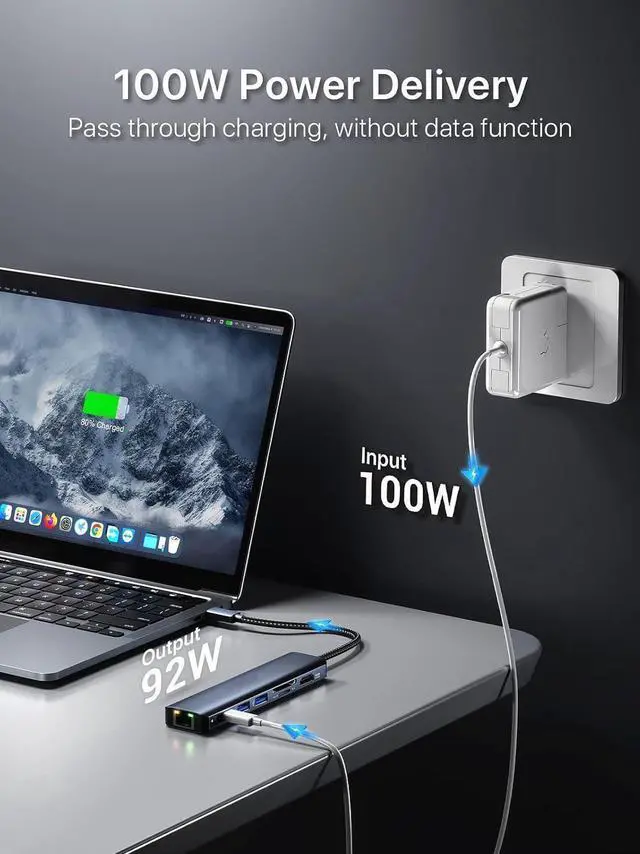 Alt view image 3 of 7 - 7-in-1 USB Hub with 2xUSB3.0, 1x100W PD & 1Gbps Rj45 Network, SD/TF, 4K HDMI Multiple Ports USB Splitter for MacBook Air iMac Surface Chromebook Windows macOS Linux Laptop