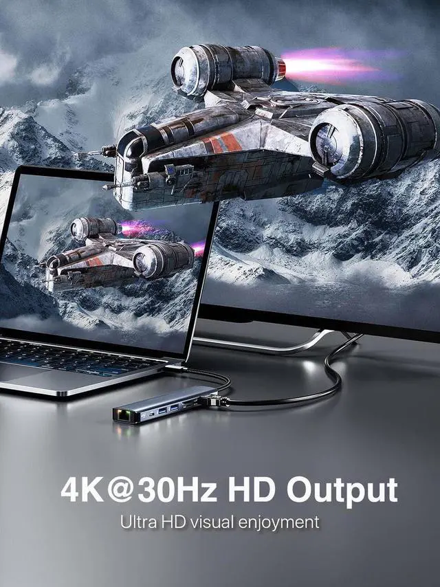 Alt view image 7 of 7 - 7-in-1 USB Hub with 2xUSB3.0, 1x100W PD & 1Gbps Rj45 Network, SD/TF, 4K HDMI Multiple Ports USB Splitter for MacBook Air iMac Surface Chromebook Windows macOS Linux Laptop