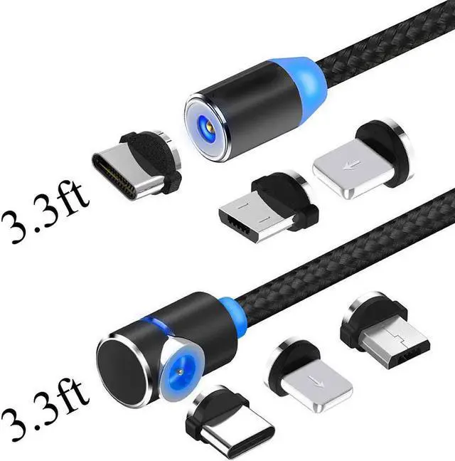 Main image of Magnetic Phone Charging Cable, 3 in 1 Cable(2 Pack,3.3 ft Straight Cable, 3.3 ft L Shape Cable) for Android Phone,Multiple Charging Adapters.Fast Charge, Black