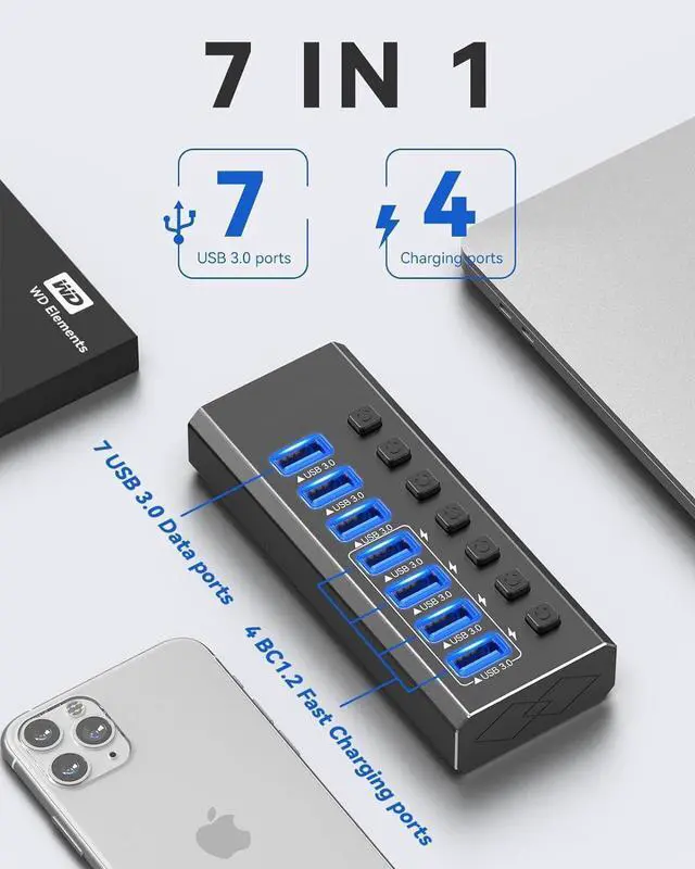 Alt view image 3 of 7 - Powered USB Hub, 7-Port 24W USB 3.0 Splitter (7 USB3.0 Data Transfer Ports with 4 Smart Charging), Individual On/Off Switches, 12V Power Adapter for Laptop, PC