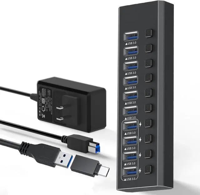 Main image of Powered USB Hub, 10-Port 48W USB 3.0 Splitter (10 USB3.0 Data Transfer Ports with 4 Smart Charging), Individual On/Off Switches, 12V Power Adapter for Laptop, PC
