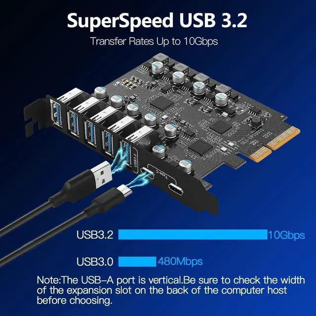 Alt view image 2 of 7 - 10Gbps Superspeed 7 Ports PCI-E to USB 3.2 Expansion Card - (2X USB C - 5X USB A) - PCI Express(PCIe) Expansion Card USB Card for Desktop PC Support Win XP Win7/8/10