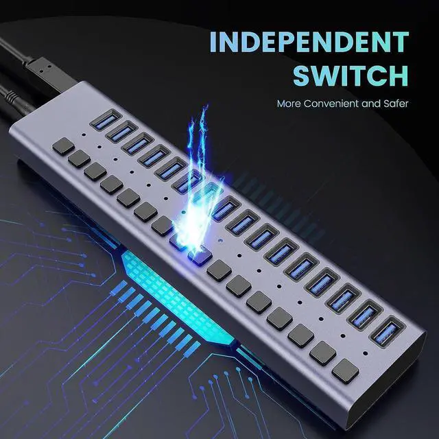 Alt view image 6 of 7 - Powered USB Hub 3.0, 16-Port USB 3.0 Hub [Durable Aluminum] 16 Ports Data Transfer Ports+ Charging with Individual On/Off Switches, USB Hub 3.0 Powered with Power Adapter for Laptop PC