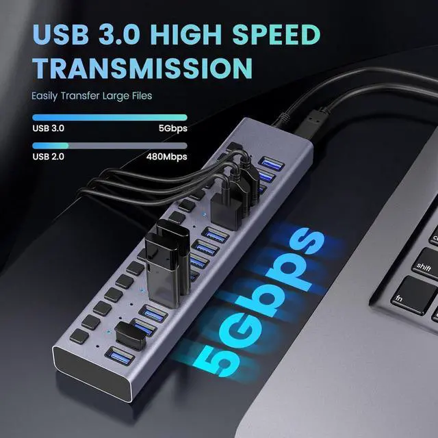 Alt view image 7 of 7 - Powered USB Hub 3.0,Aluminum 16-Port USB Data Hub Splitter with 16 Data HUB and Charging Port and Individual On/Off Switches and 12V/7.5A Power Adapter for MacBook, Mac Pro/Mini and More