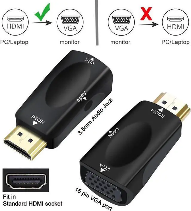Alt view image 3 of 7 - HDMI to VGA Adapter with 3.5mm Audio Jack for Computer Monitor Laptop Raspberry Pi PS3 Xbox DVD TV LCD Display 1080P Full HD Video (Male HDMI Input and Female VGA Output)