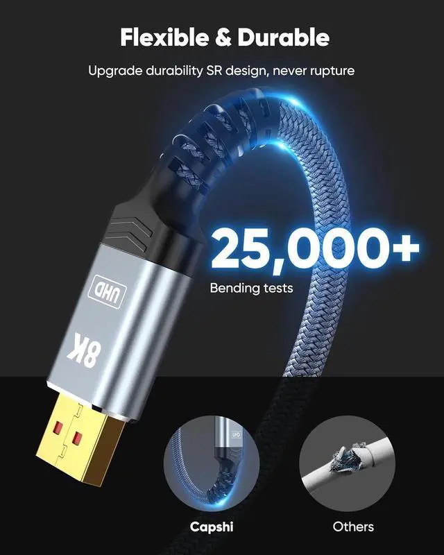 Alt view image 5 of 7 - 8K DisplayPort Cable 6.6.FT/2M, DP Cable 1.4 Male to Male,Support 8K@60Hz, 4K@144Hz, 2K@165Hz Video Resolution & HDR,Grey