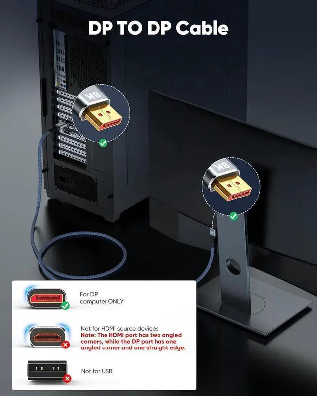 Alt view image 2 of 7 - 8K DisplayPort Cable 3.3FT DP Cable, Display Port to Display Port 1.4 Cable (8K@60Hz, 4K@144Hz, 2K@240Hz, 32.4Gbps, Dynamic HDR, 3D, HDCP2.2) for Monitor, Graphics Card, PC, Laptop