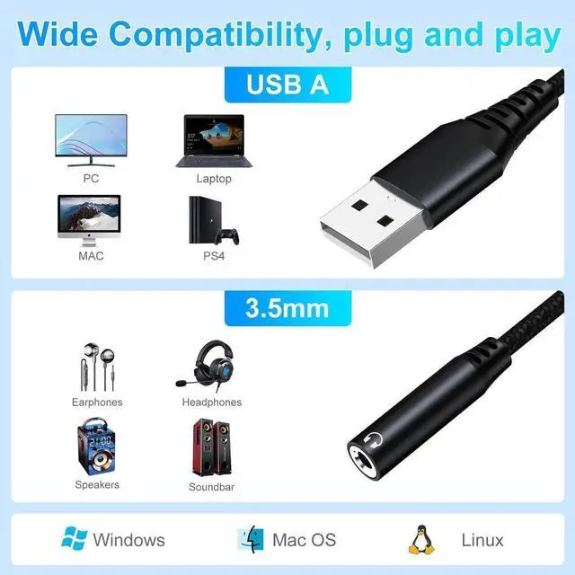 Alt view image 6 of 6 - USB to 3.5mm Jack Audio Adapter External Sound Card USB-A to Audio Jack Adapter with Aux Stereo Converter Compatible with Headset PC Windows Laptop Mac Desktops for PS4 and More Device (Black)