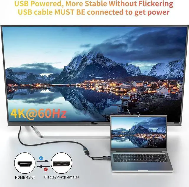 Alt view image 5 of 6 - HDMI to DisplayPort Adapter 4K@60Hz with USB Power HDMI Male to DP Female Converter Cable HDMI Output to Displayport Input Compatible for Laptop Desktop PC Graphics Card PS4/5 Xbox one/360