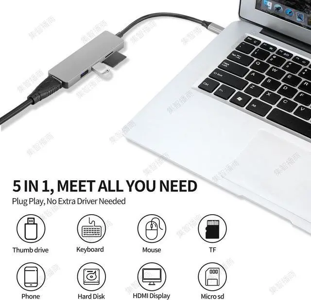 Alt view image 7 of 7 - USB C Hub HDMI Adapter for MacBook Pro 2019/2018/2017, Longwwin 5 in 1 Dongle USB-C to HDMI, Sd/TF Card Reader and 2 Ports USB 3.0 ( Gray)
