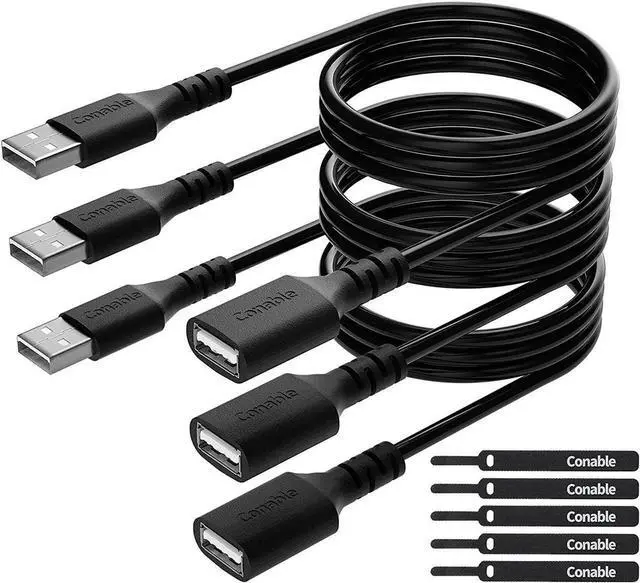 Main image of 3 Pack USB Extension Cable 10 FT USB 2.0 Type A Male to Female Extender Cord Adapter Compatible with Printer Keyboard Mouse Flash Drive Hard Drive Controller Black Cable with 5 Cable Ties