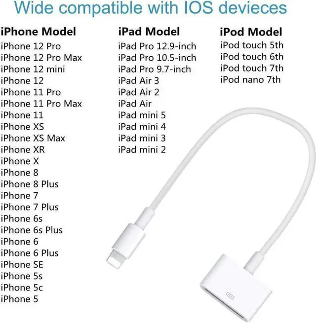Alt view image 7 of 7 - Lightning to 30-Pin Adapter MFi Certified 8-Pin Male to 30-Pin Female Converter Charging Data Sync Cable Connector Compatible iPhone 12/11/X/8/7/6/5/iPad/iPod White (No Audio)