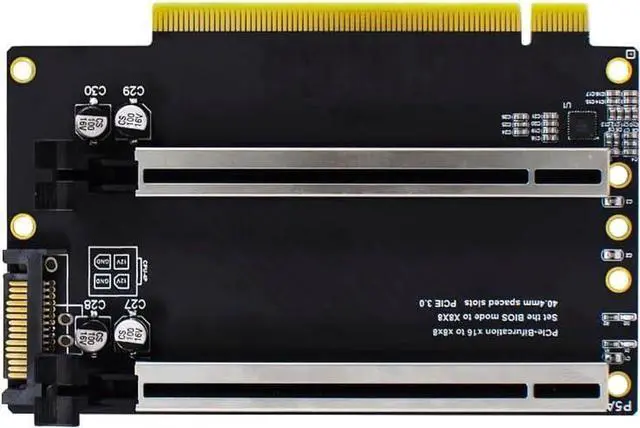 Alt view image 4 of 5 - PCI-E 4.0 x16 1 to 2 Expansion Card Gen4 Split Card PCIe-Bifurcation x16 to x8x8 with 20mm Spaced Slots CPU4P Power Supply Port (with 4Pin Cable Higher)