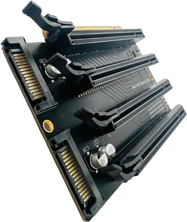 Alt view image 3 of 7 - PCI-E 3.0 x16 1 to 4 Split Card Gen3 PCIe-Bifurcation x16 to x4x4x4x4 Expansion Card 20.2mm Spaced Slots SATA Power Supply Port