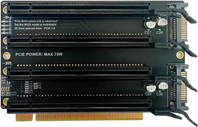Main image of PCI-E 3.0 x16 1 to 4 Split Card Gen3 PCIe-Bifurcation x16 to x4x4x4x4 Expansion Card 20.2mm Spaced Slots SATA Power Supply Port