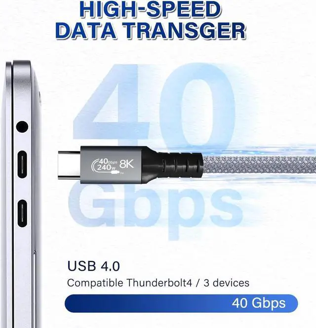 Alt view image 2 of 7 - USB C to USB C Video Cable 8K@60Hz, USB4 C Monitor Cable Supports 8K UHD Display/40Gbps High-Speed Data Transfer/240W PD Compatible with Thunderbolt 3/4 MacBook, iPad Pro, Samsung, HP, Dell - 1.5FT