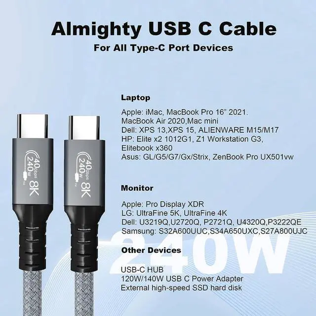 Alt view image 5 of 7 - USB C to USB C Video Cable 8K@60Hz, USB4 C Monitor Cable Supports 8K UHD Display/40Gbps High-Speed Data Transfer/240W PD Compatible with Thunderbolt 3/4 MacBook, iPad Pro, Samsung, HP, Dell - 1.5FT