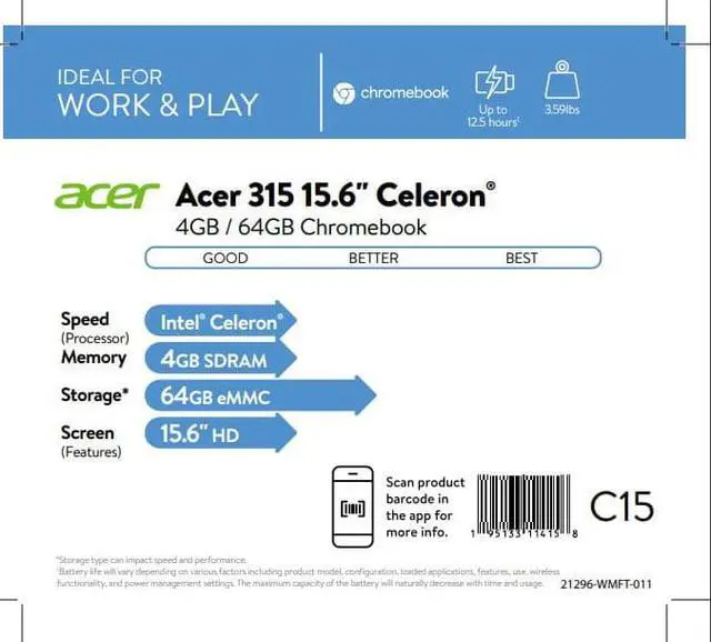 Alt view image 4 of 4 - Acer 315 - 15.6" Chromebook Intel Celeron N4020 1.1GHz 4GB RAM 64GB FLASH Chrome (NX.ATDAA.001.HU - CB315-3H-C19A)