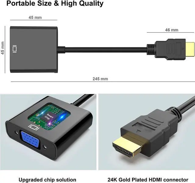 Alt view image 3 of 5 - HDMI to VGA with Audio, Gold-Plated Active HDMI to VGA Adapter (Male to Female) with Micro USB Power Cable & 3.5mm Audio Cable