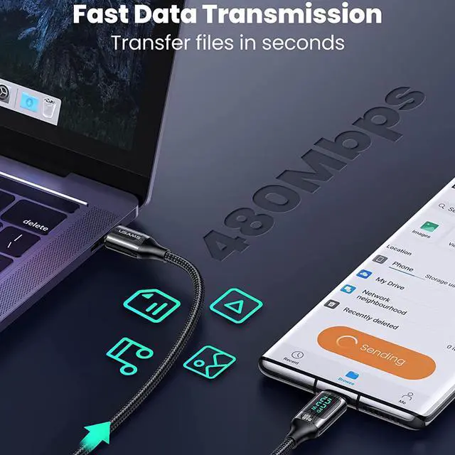Alt view image 2 of 3 - 3.2FT PD 100W USB A to USB C Cable,7A Fast Charging USB C Cable with LED Display Braided Charger Cord Type C