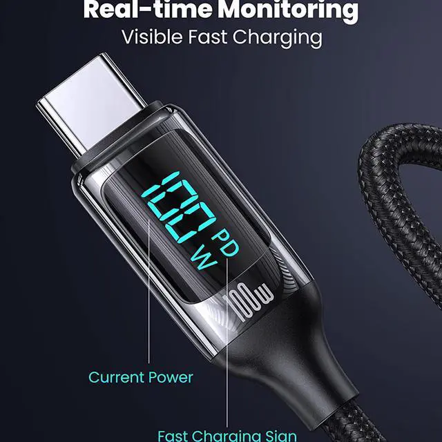 Alt view image 3 of 3 - 3.2FT PD 100W USB A to USB C Cable,7A Fast Charging USB C Cable with LED Display Braided Charger Cord Type C