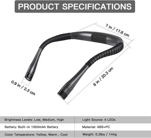 Alt view image 2 of 5 - Rechargeable LED Neck Reading Light, Book Lights for Reading in Bed, 3 Brightness Levels, Bendable Arms Comfortable Wear, Long Lasting for Reading, Knitting, Camping, Repairing