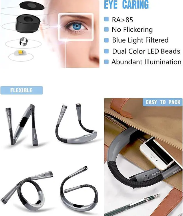 Alt view image 3 of 5 - Rechargeable LED Neck Reading Light, Book Lights for Reading in Bed, 3 Brightness Levels, Bendable Arms Comfortable Wear, Long Lasting for Reading, Knitting, Camping, Repairing