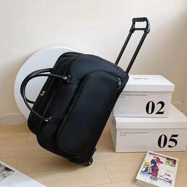 Main image of Rolling Duffel Bag with Wheels, Expandable CarryOn Luggage Trolley Bag with Telescoping Handle & Front Pocket, Lightweight Travel Rolling Suitcase for Business Trip Weekend Getaway, Black