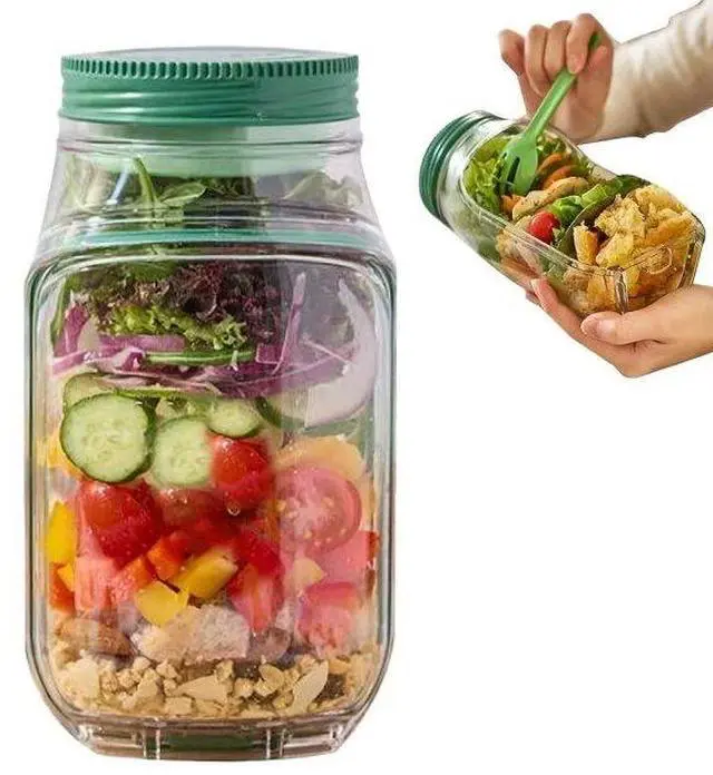 Main image of Portable Salad Cup with Fork, LeakProof Clear Food Storage Container with Green Lid, Reusable Meal Prep Jar for Salad, Yogurt Parfait, Oatmeal, Fruit, OntheGo Lunch Box for Work & Picnic