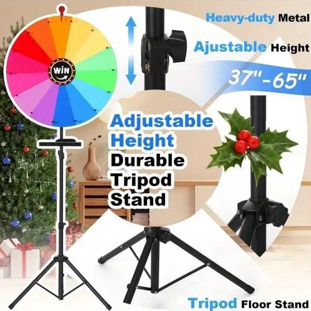 Main image of Height Adjustable 24 Inch Spinning Prize Wheel (37-65 Inch), Foldable Erasable Lucky Game Wheel with Stand, 14 Colors Tabletop Spinner for Carnival, Trade Show and Family Party