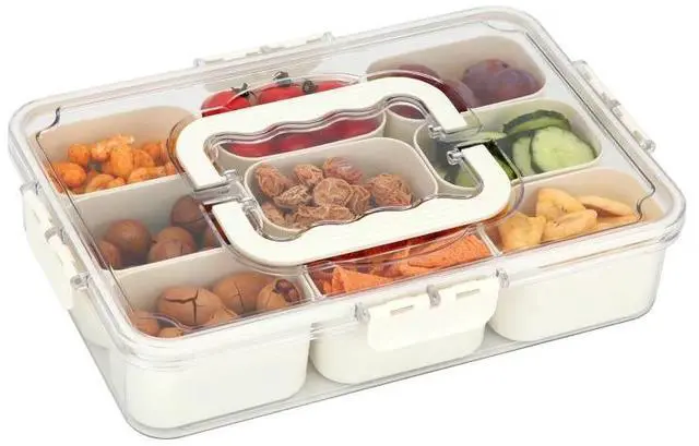 Main image of Divided Snack Box with Handle, Portable Compartment Food Storage Container, Reusable Divided Serving Tray with Lid for Fruit, Nut, Snack, Picnic, Travel, Party