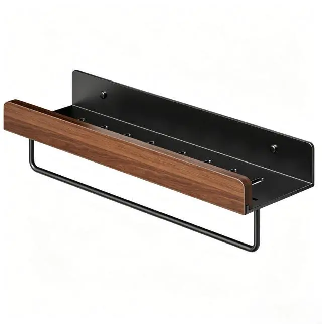 Main image of Walnut Wall Mounted Storage Shelf, No Drill Bathroom Organizer, Wooden Wall Floating Shelf, Waterproof Punch-Free Toilet Vanity Rack for Bathroom, Washroom, Sink Wall Decor & Storage