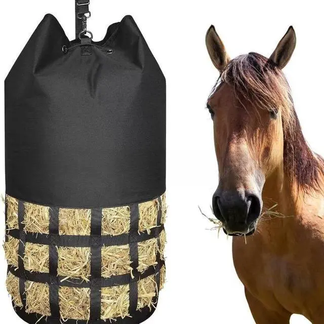 Main image of Cylindrical Slow Feed Hay Net Bag, Large Capacity Horse Hay Feeder with Wide Drawstring Opening & Adjustable Hanging Straps, Feeding Bag for Horses, Goats & Donkeys