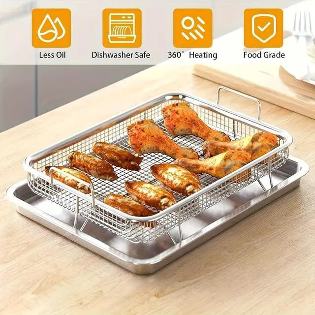 Main image of 2Pack Stainless Steel Baking Tray with Mesh Basket, Crisper Air Fryer Basket, Rectangular Mesh Drain Basket for Oven Baking Roasting