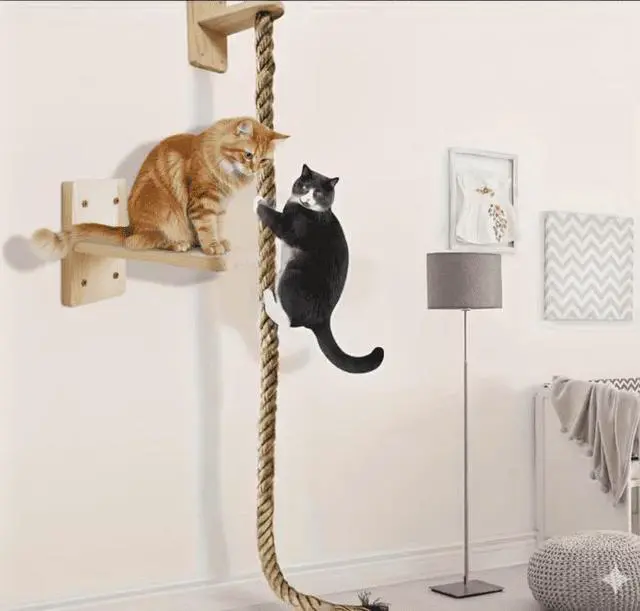 Main image of Wall Mounted Cat Climbing Shelf, Integrated Cat Wall Jump Platform Cat Bed with 1.5M Long 3cm Thick Sisal Scratching Rope, Space-Saving Wall Cat Tree Post for Indoor Cats Activity