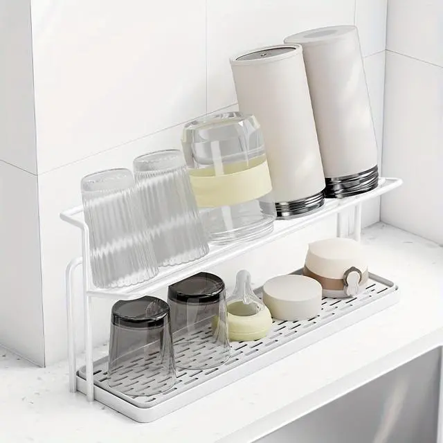 Main image of Countertop DoubleLayer Cup Holder, Metal Mug Drying Stand with Drainage Tray, Kitchen Organizer for Tumblers, Mugs and Water Bottles